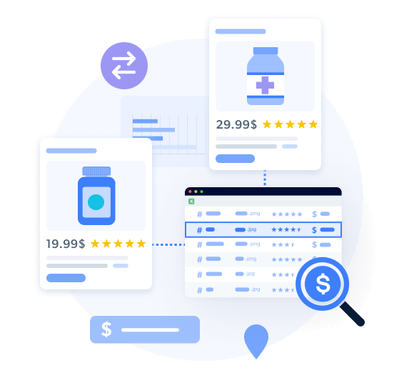 Medicine price comparison and data visualization on computer screen.