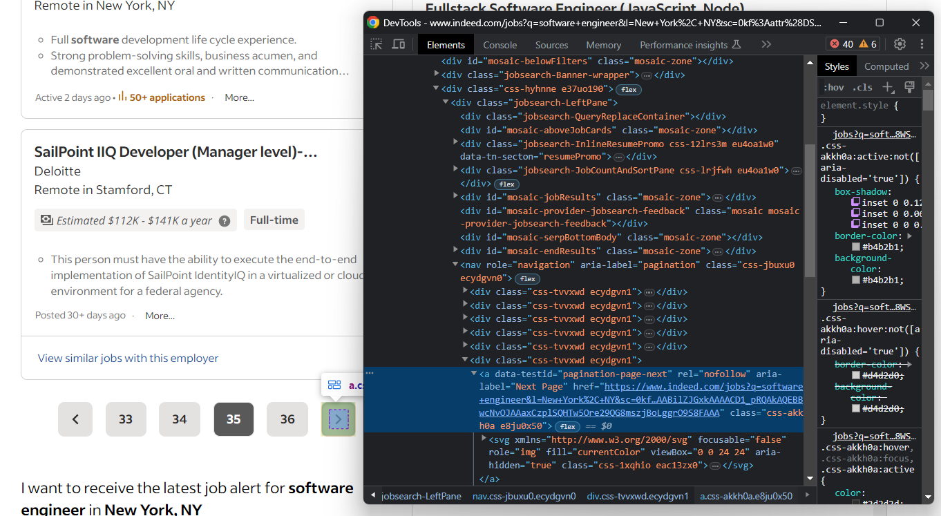 Element on Indeed indicating the availability of a next page