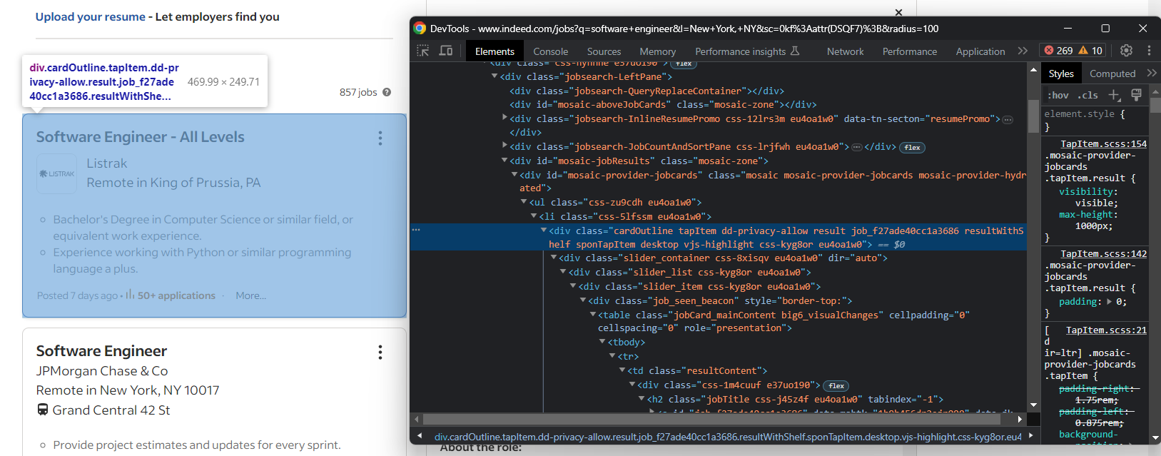 Job postings displayed in .cardOutline cards on Indeed
