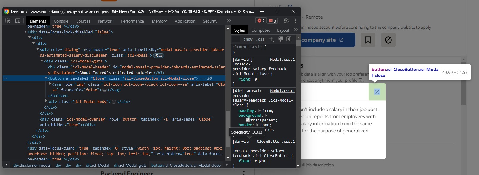 Popup in Indeed disrupting Selenium script, highlighting the close button in DevTools