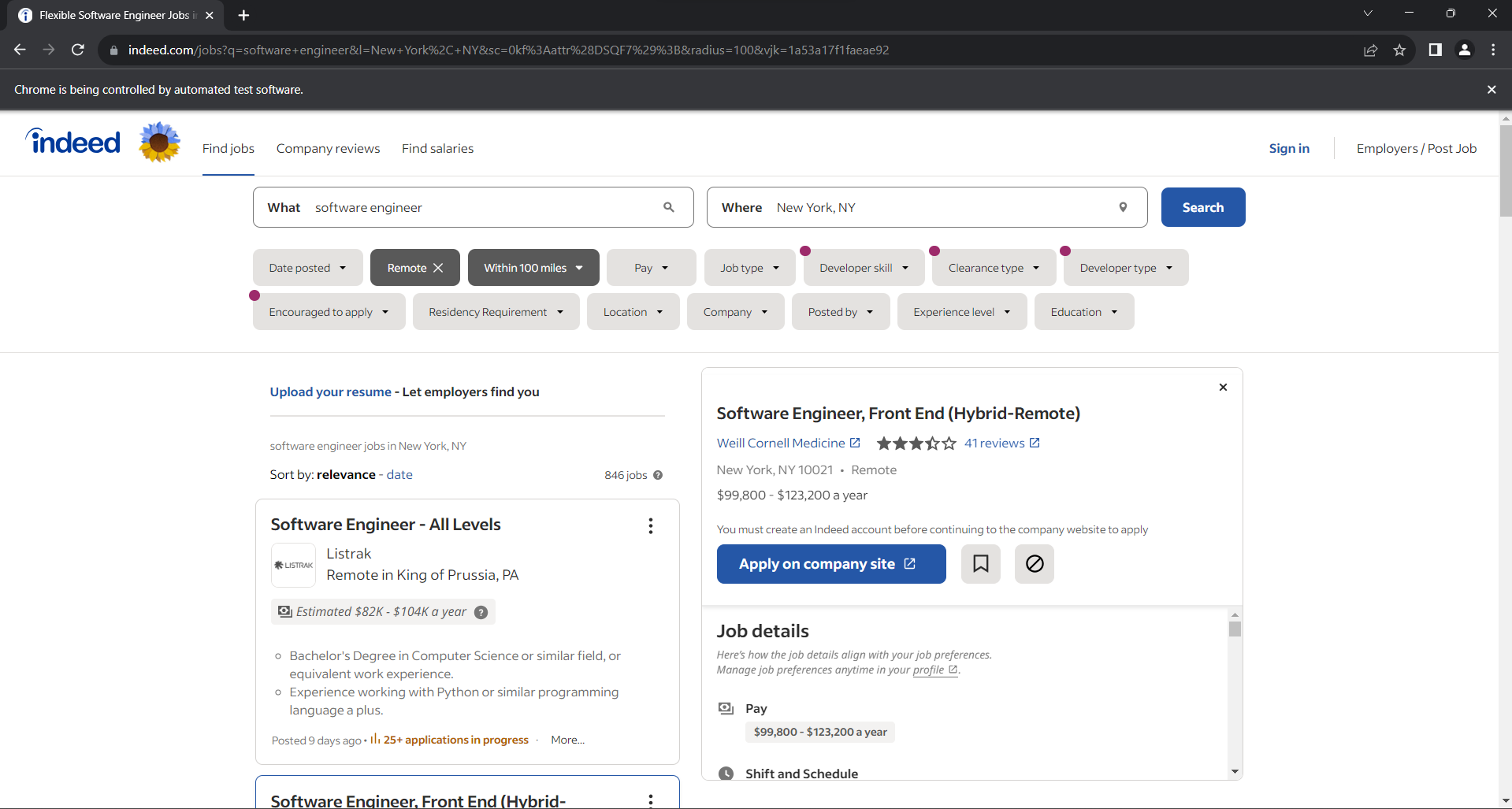 Selenium script for scraping Indeed's software engineer listings in New York