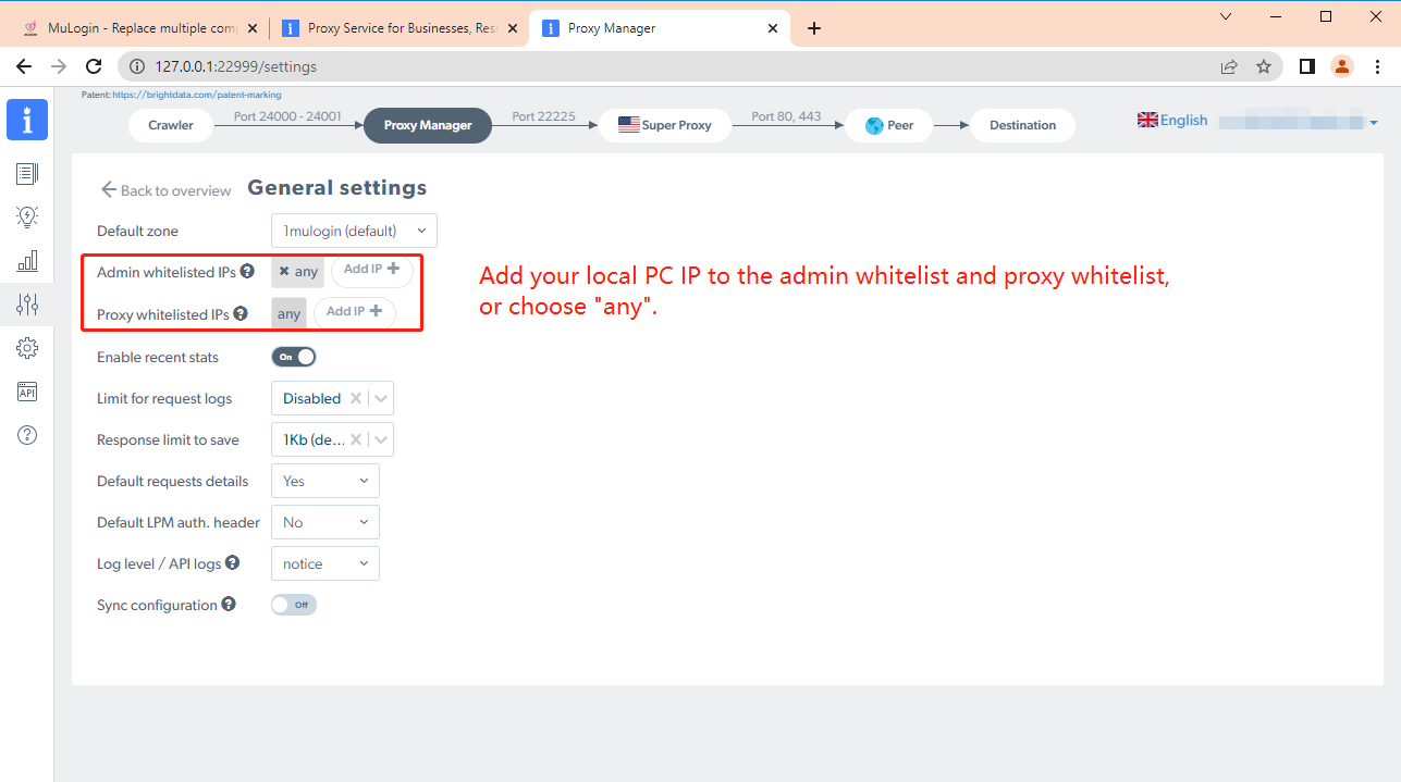Proxy Manager settings: Admin and Proxy whitelisted IPs configuration.