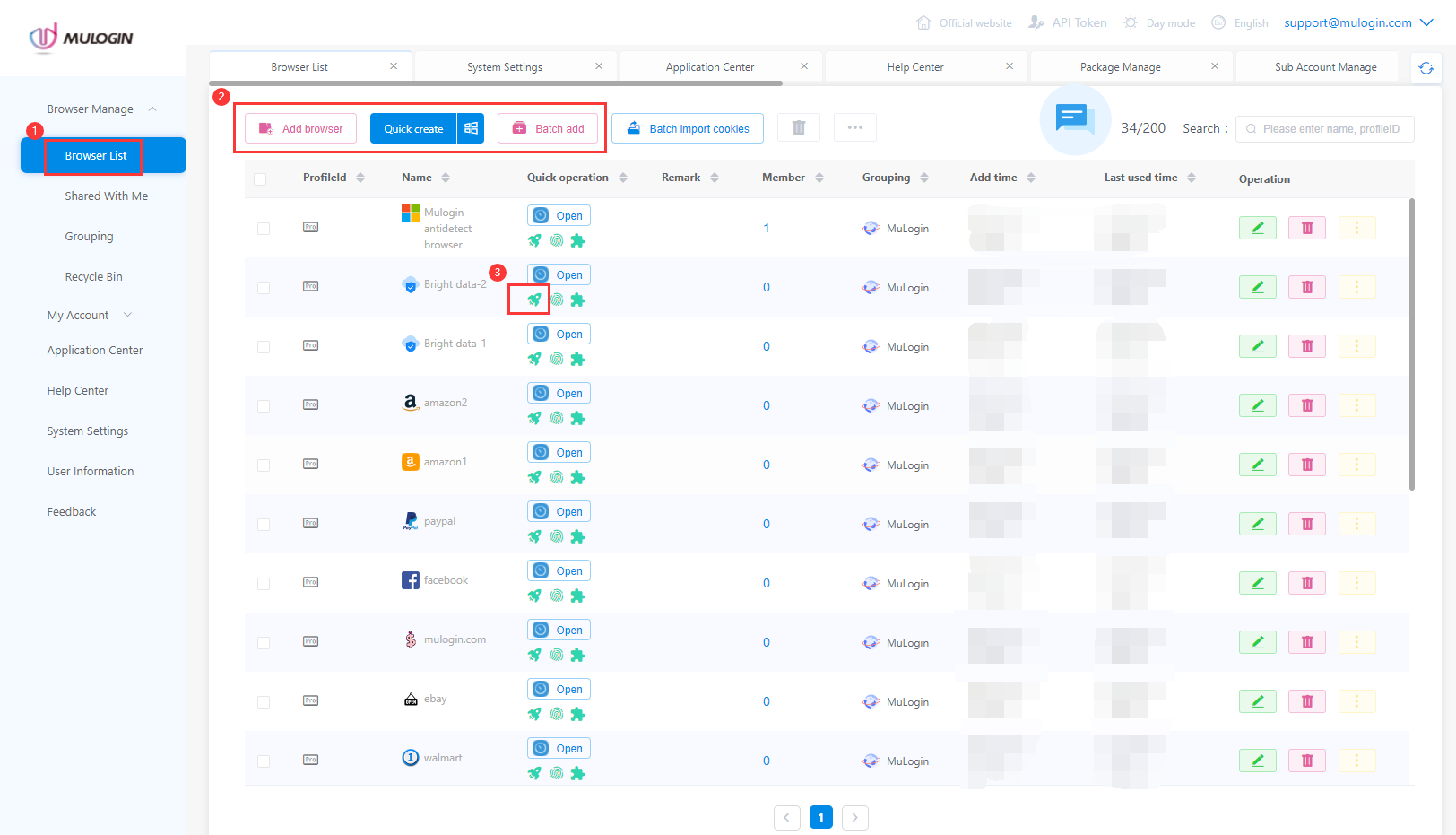 Mulogin browser management interface with various browser profiles.