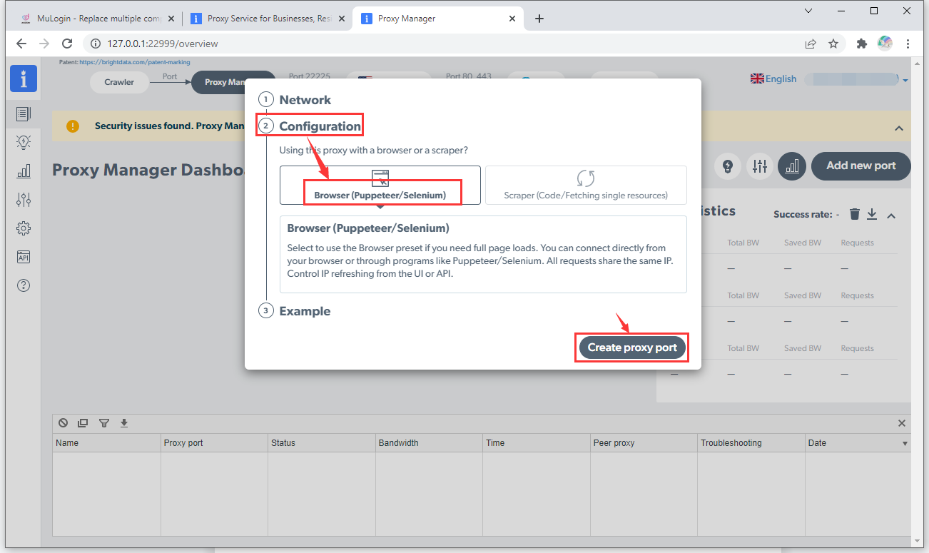 Proxy Manager configuration: Create proxy port button highlighted.
