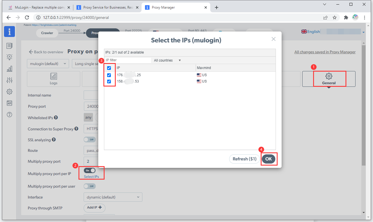 Proxy settings interface with IP selection window open.