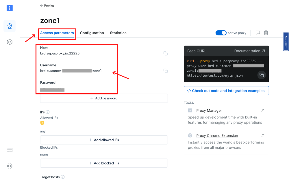 Proxy access parameters with host, username, password, IPs displayed.