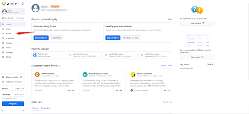 Apify user dashboard with various navigation options and cards.