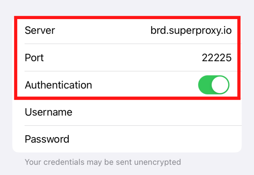 Paramètres du serveur proxy avec authentification activée.