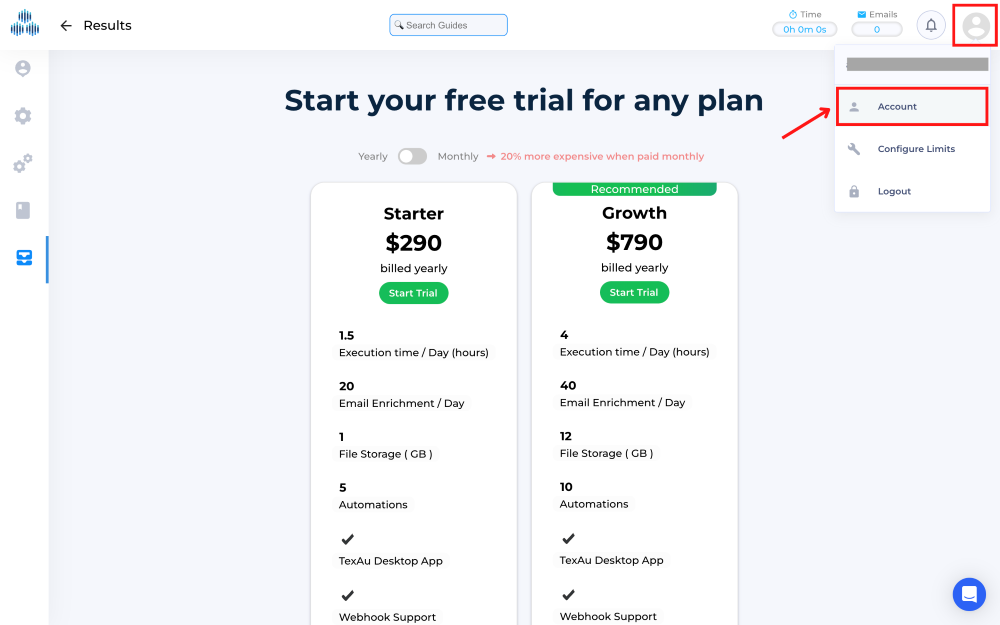 Subscription plans options and account settings dropdown.