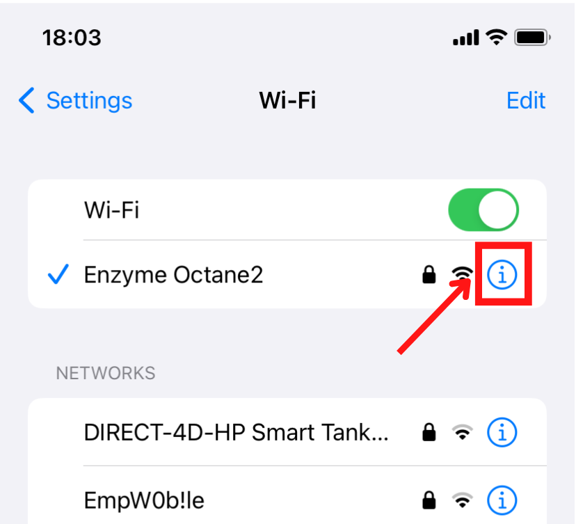 Écran des paramètres Wi-Fi avec icône de réseaux et de détails.