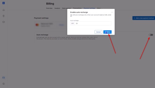 Enable auto recharge confirmation pop-up on billing page.