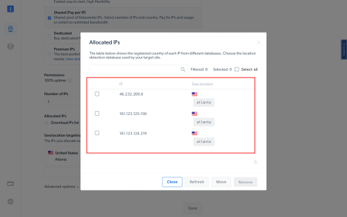 List of IP addresses with geolocation information.