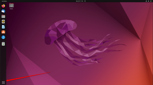 Fond d'écran méduses violettes, bureau Ubuntu, grille d'applications ouvertes.