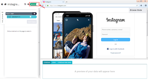 Page de connexion Instagram avec un aperçu de l'image affiché.