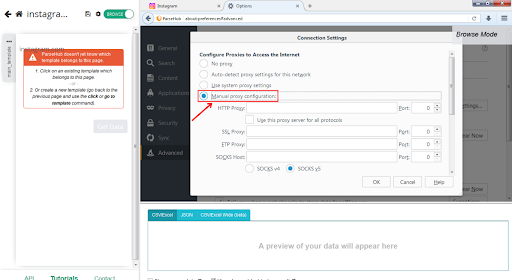 Configuration des paramètres de proxy manuels dans les options du navigateur.