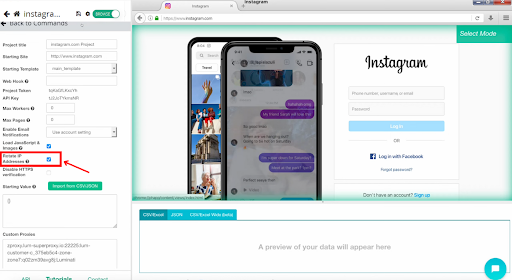 Interface de l'outil de scraping Instagram pour l'extraction de données.