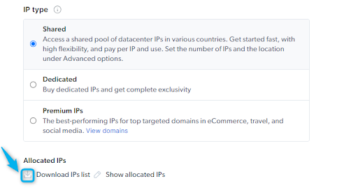 Options for IP types and allocated IPs.