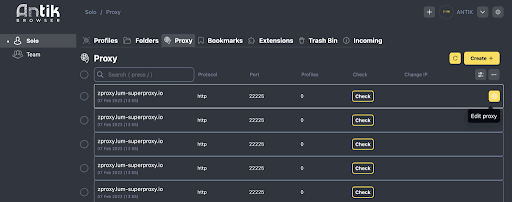 Browser proxy settings interface with several proxy entries displayed.
