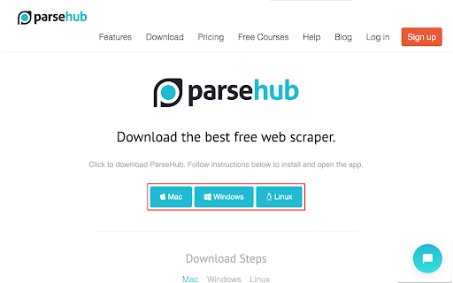 Options de téléchargement de ParseHub : Mac, Windows, Linux.