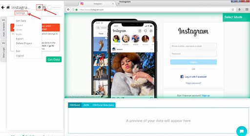 Page Web Instagram avec le menu des paramètres ouvert.