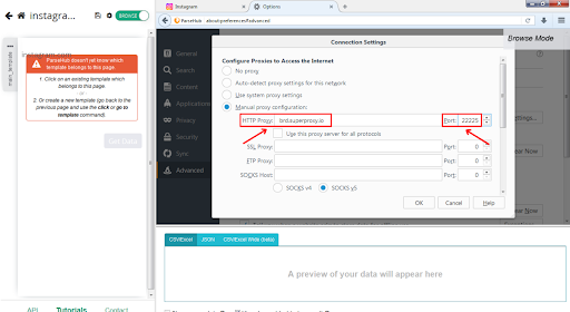 Paramètres de configuration du proxy dans une capture d'écran de la fenêtre du navigateur.