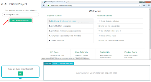 Interface de l'outil de scraping Web avec tutoriels et instructions.