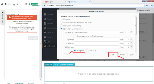 Configuration des paramètres de proxy dans la fenêtre des options du navigateur.
