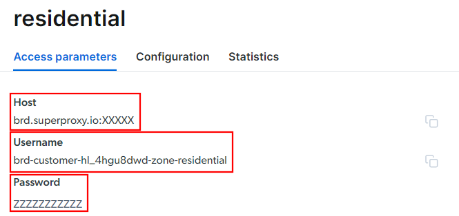 Copying the access parameters for the residential proxies
