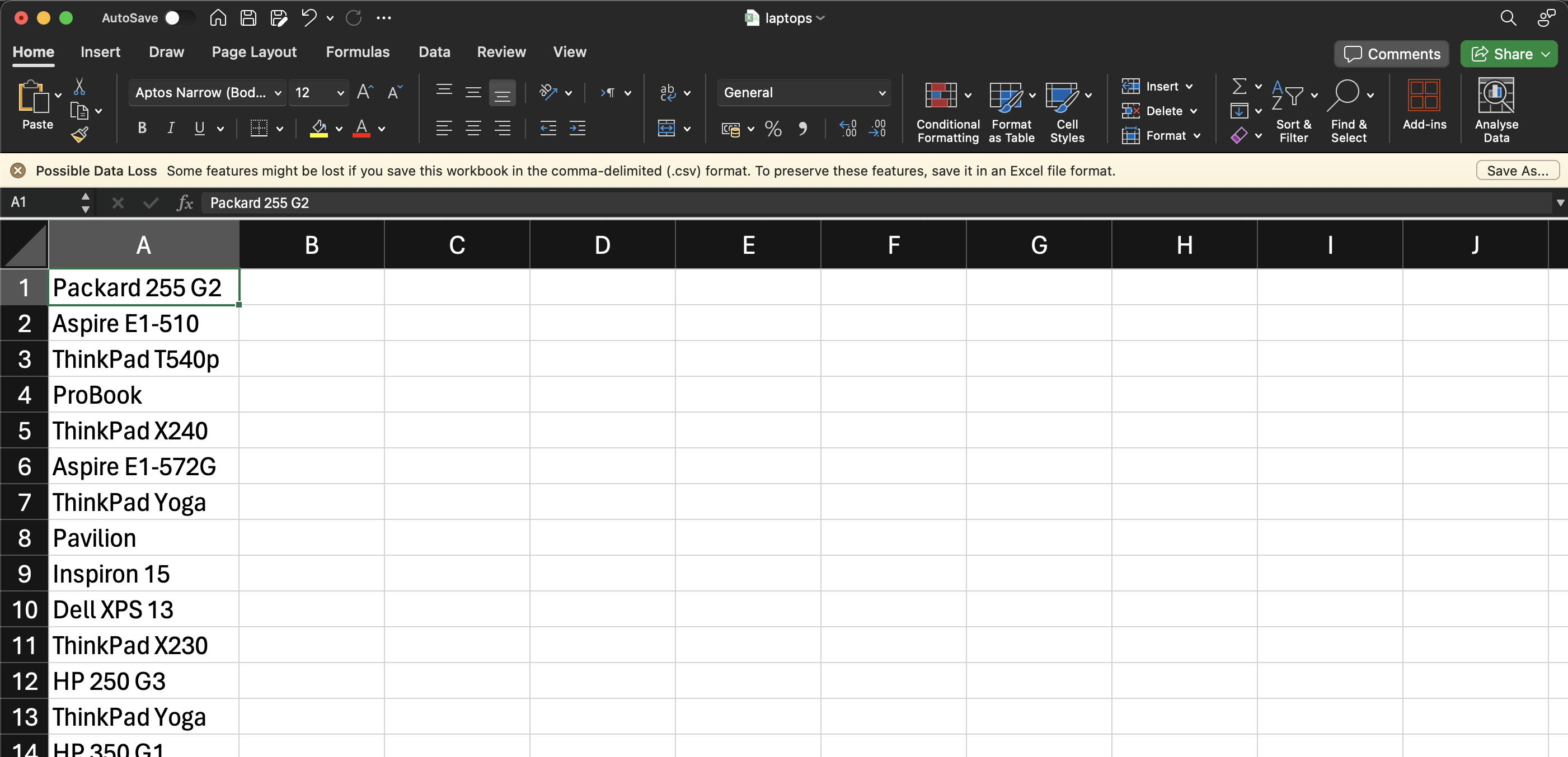 Example of how the CSV file should look like