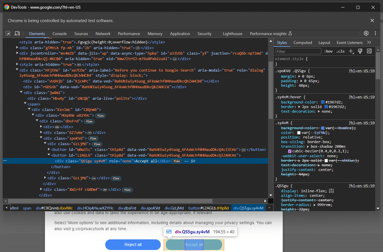 Inspecting the popup 'accept all' button