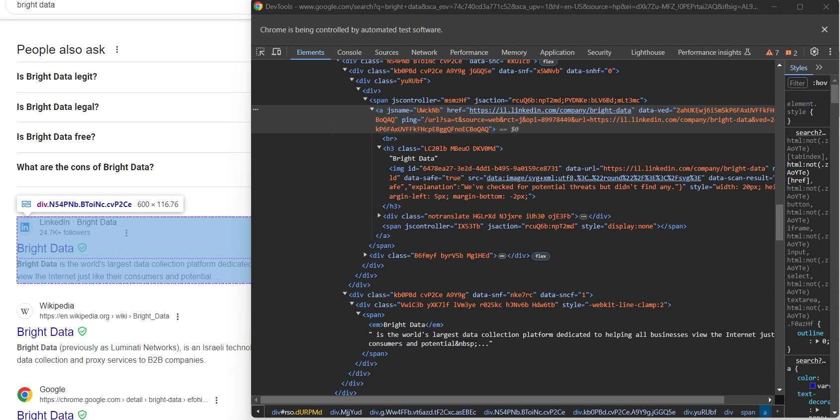 what a Google search element contains