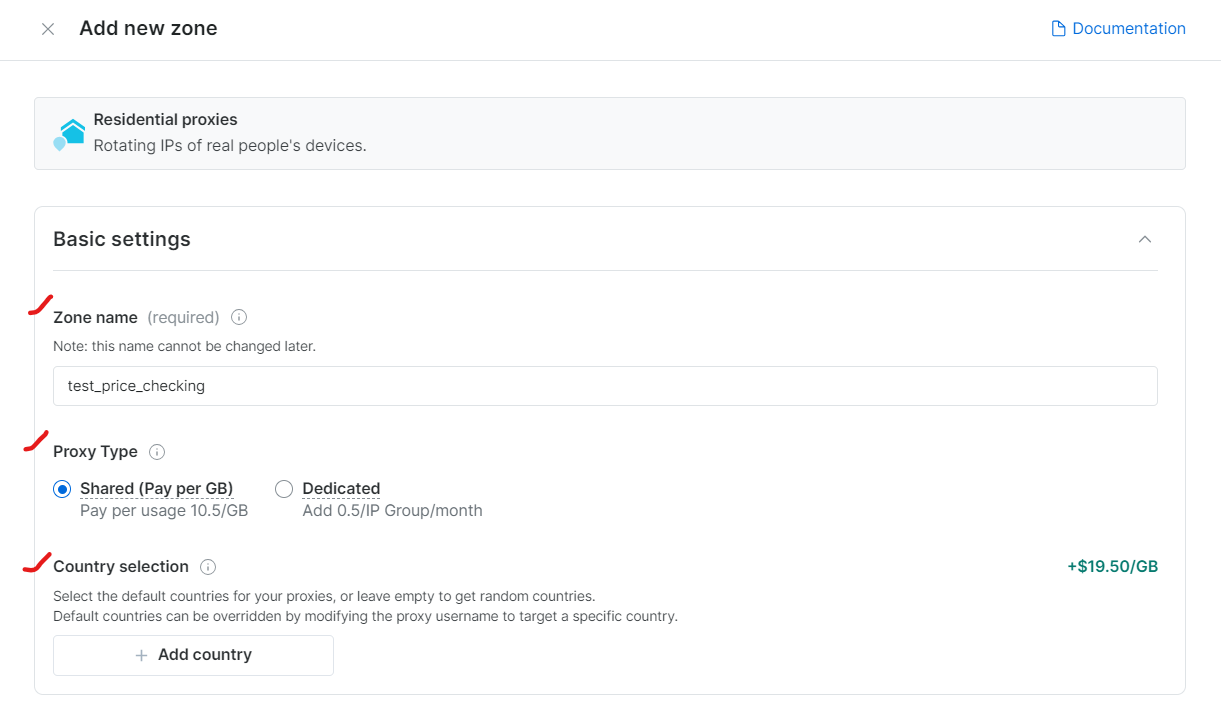 Basic settings of the new zone