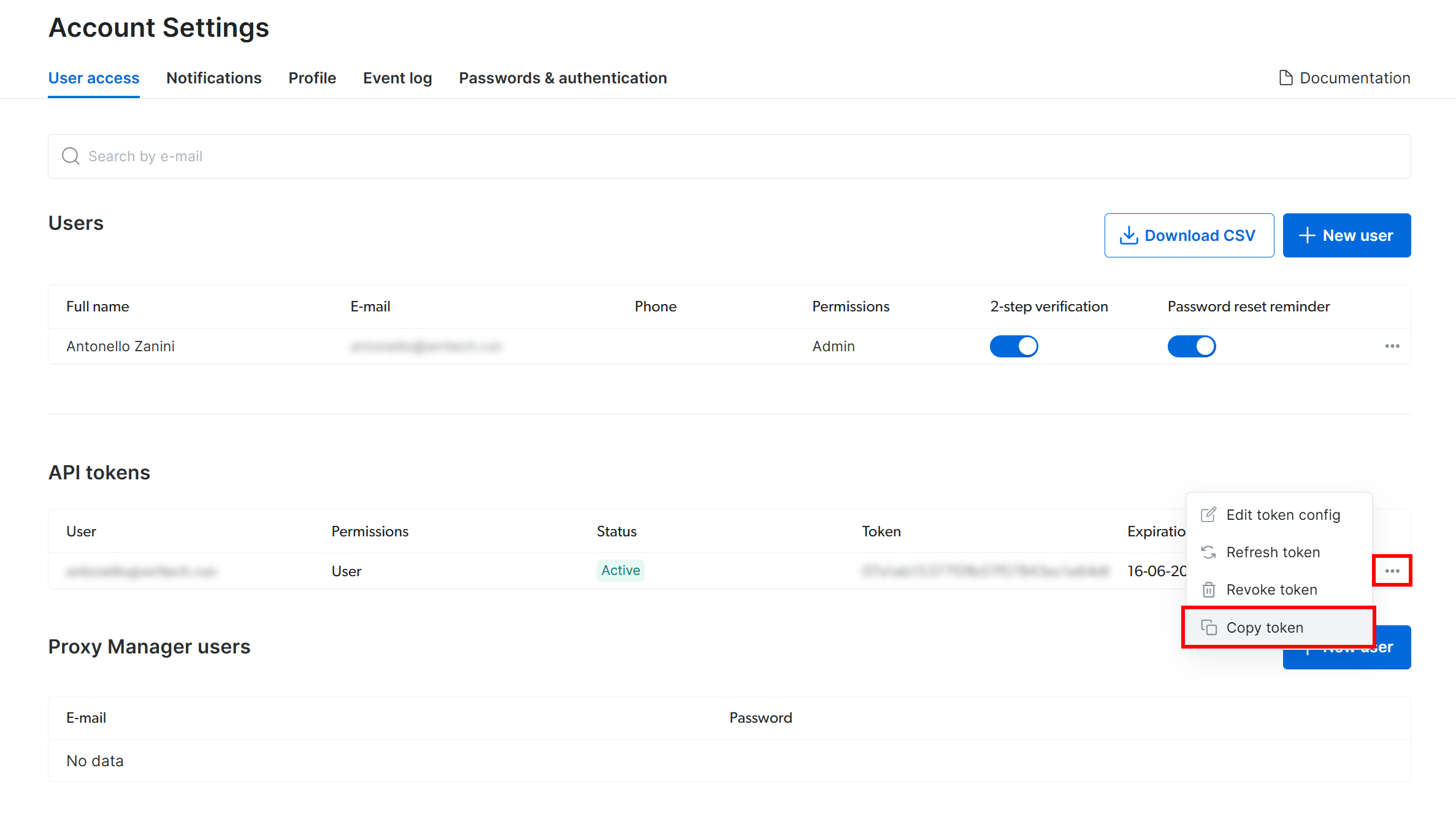 Copying an existing API token