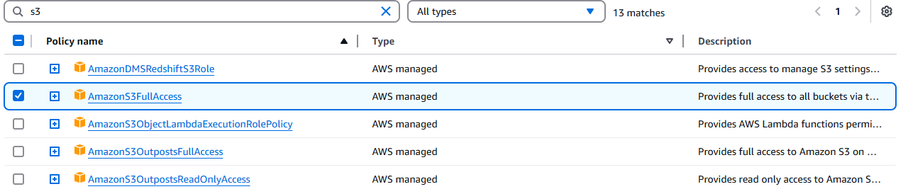 Selecting AmazonS3FullAccess
