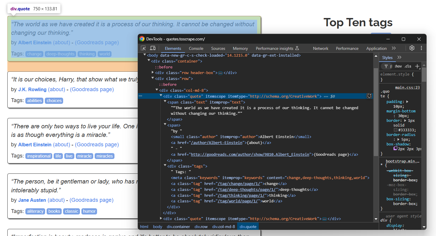 Inspecting a single quote element