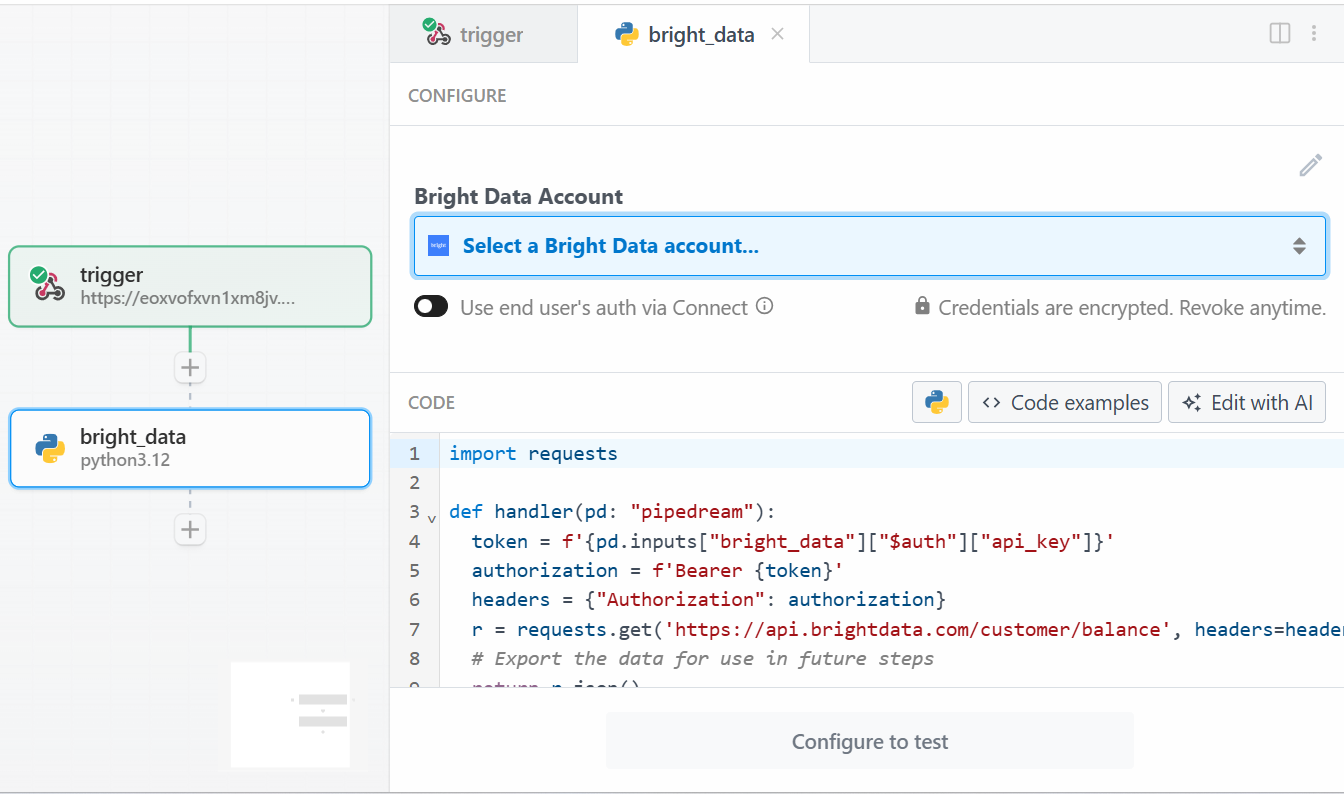 L'action "Utiliser n'importe quelle API de données Bright en Python" dans Pipedream