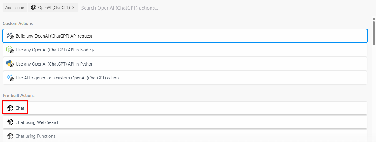Sélectionner l'option de chat d'OpenAI