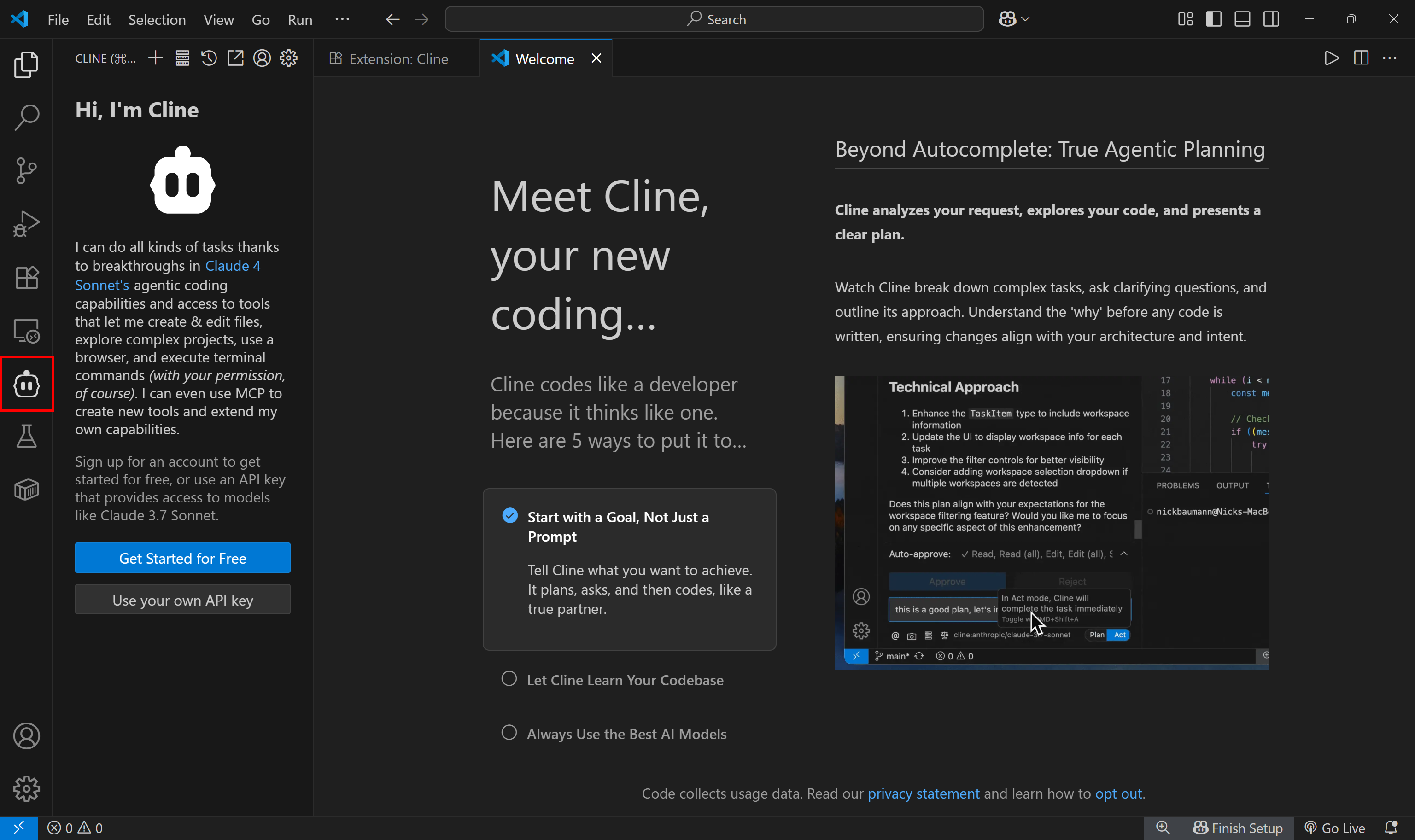 Cline activée dans VS Code