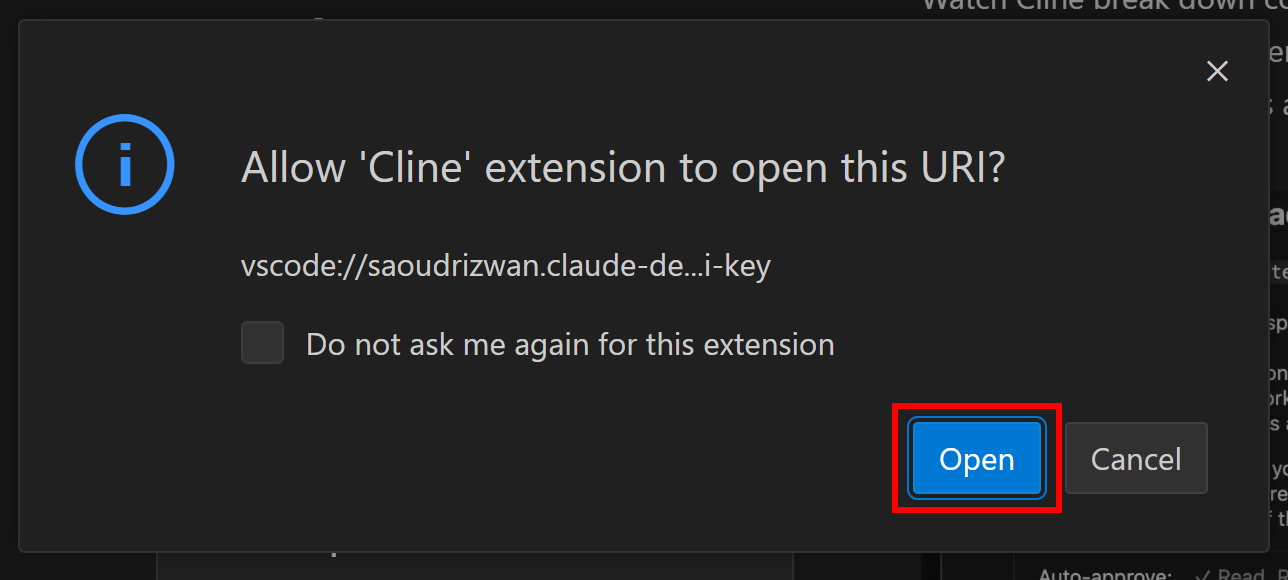 Cliquer sur "Ouvrir" pour authentifier l'extension Cline