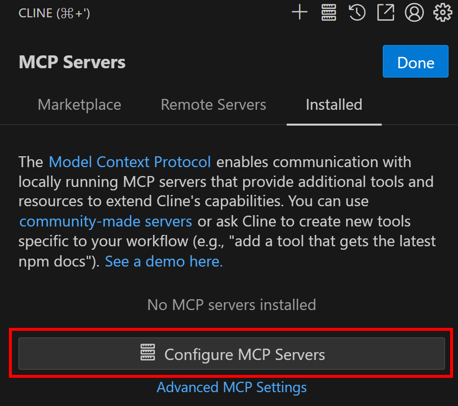 Cliquer sur le bouton "Configurer les serveurs MCP".