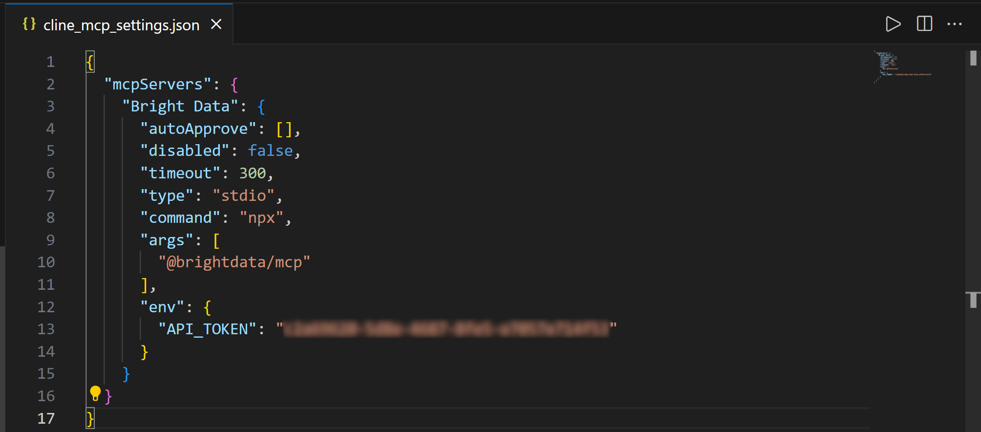 Le code JSON pour la connexion au serveur MCP