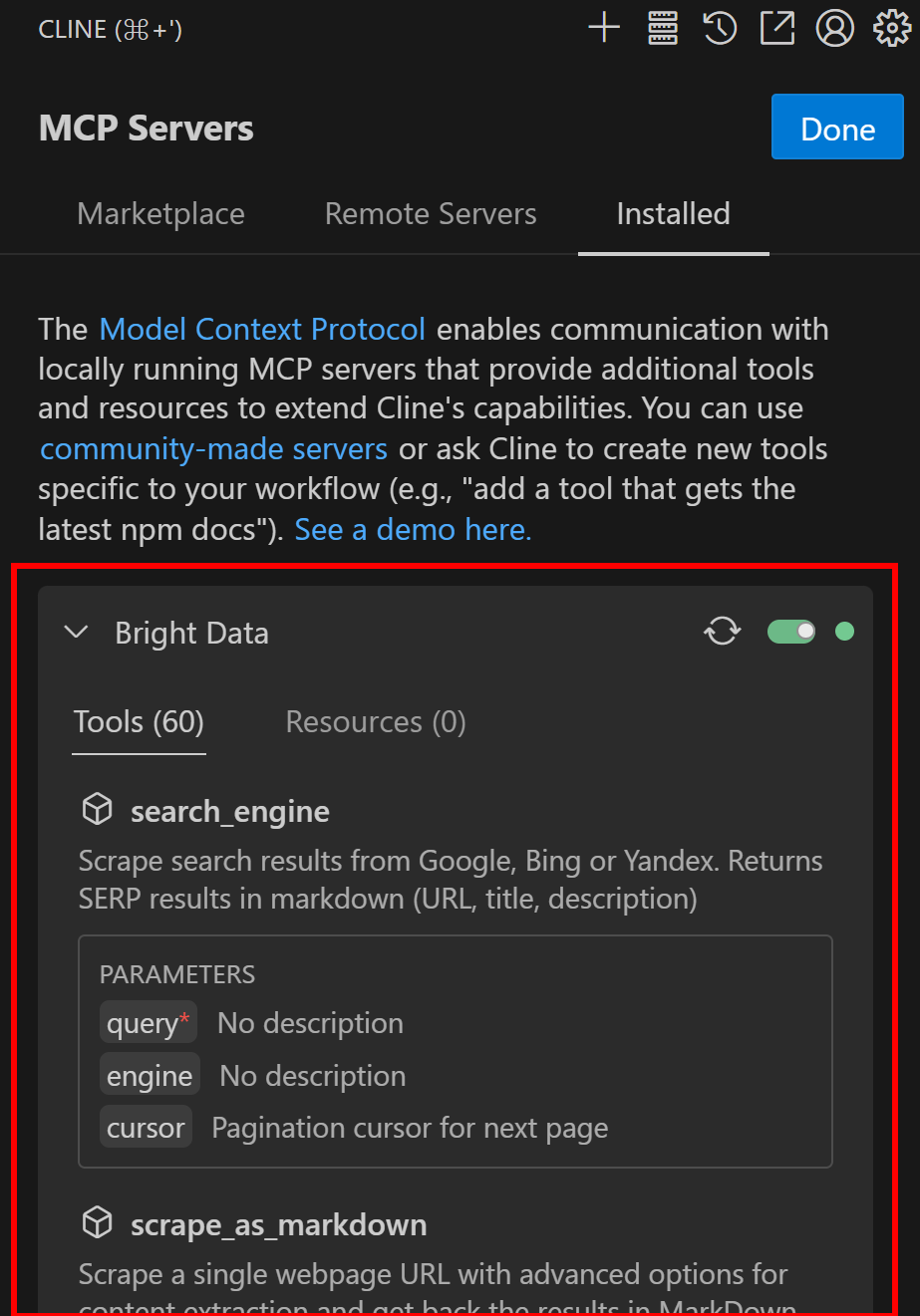 Le serveur Bright Data Web MCP connecté