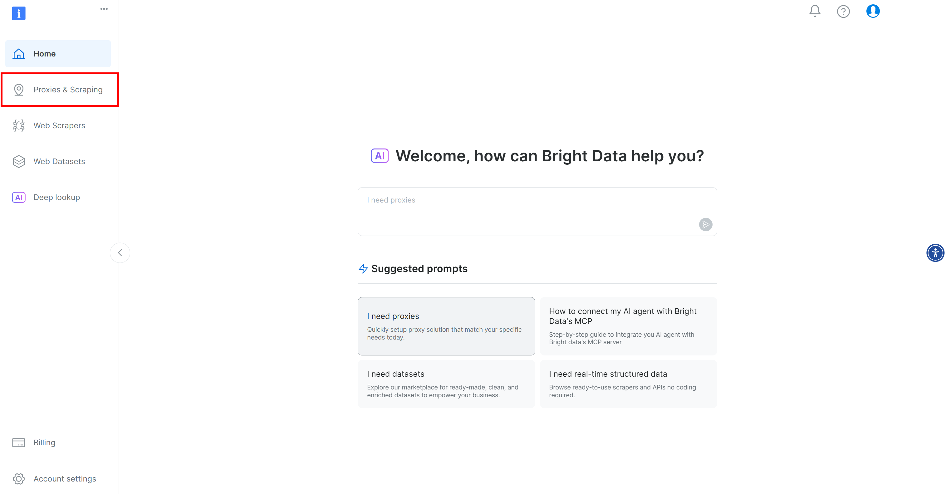 Cliquer sur le bouton "Proxies & Scraping" dans le tableau de bord de Bright Data