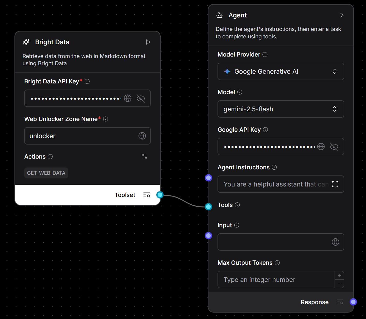 Connexion du composant Bright Data au composant Agent