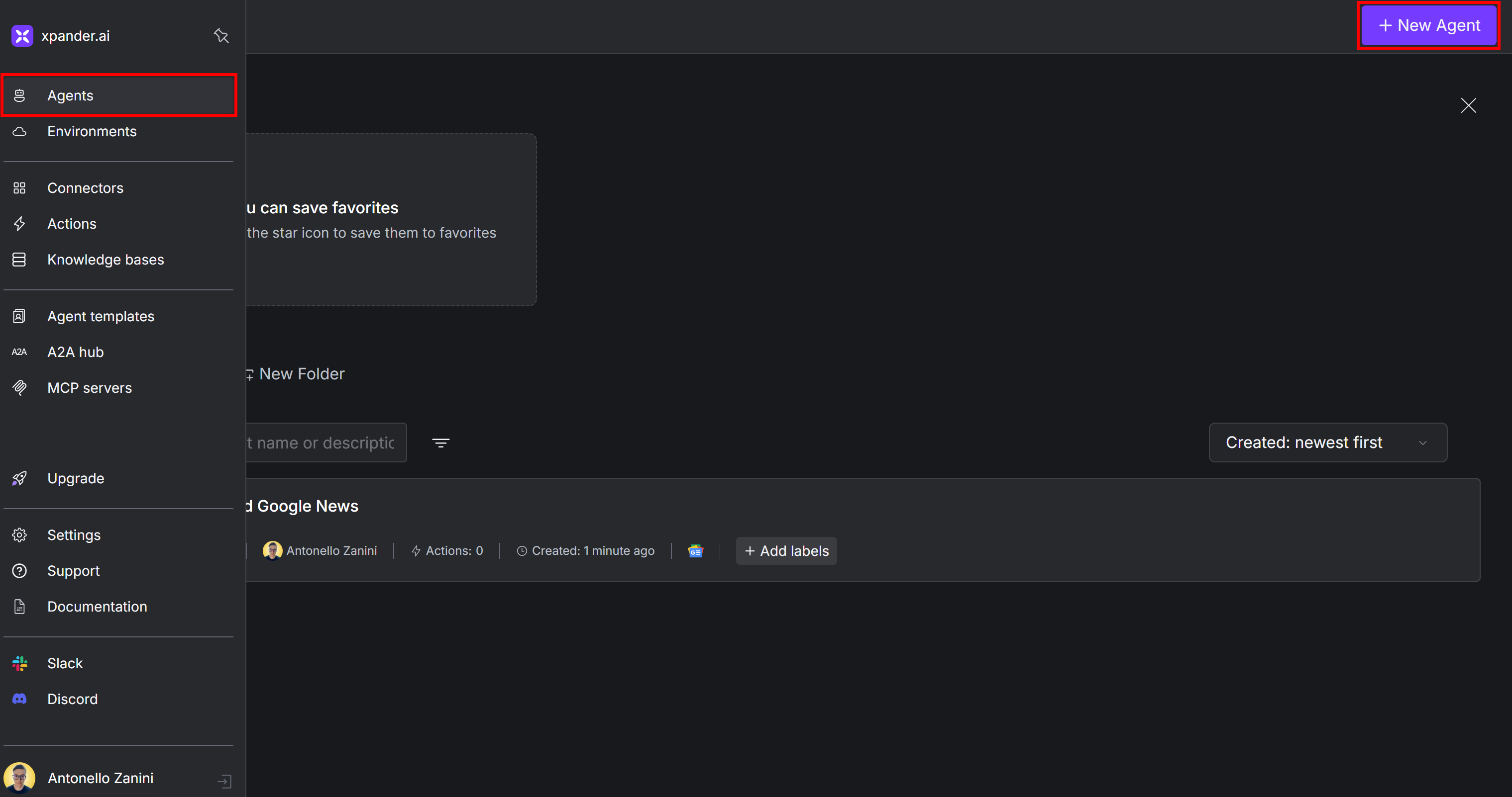 Cliquer sur le bouton "Agents > Nouvel agent".