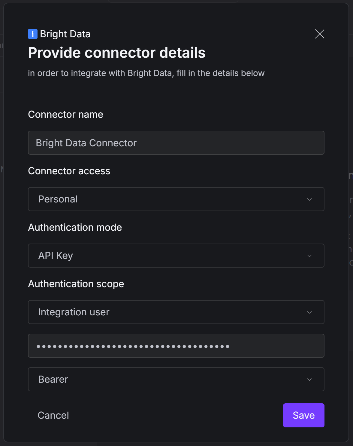 Remplir le formulaire de configuration du connecteur Bright Data