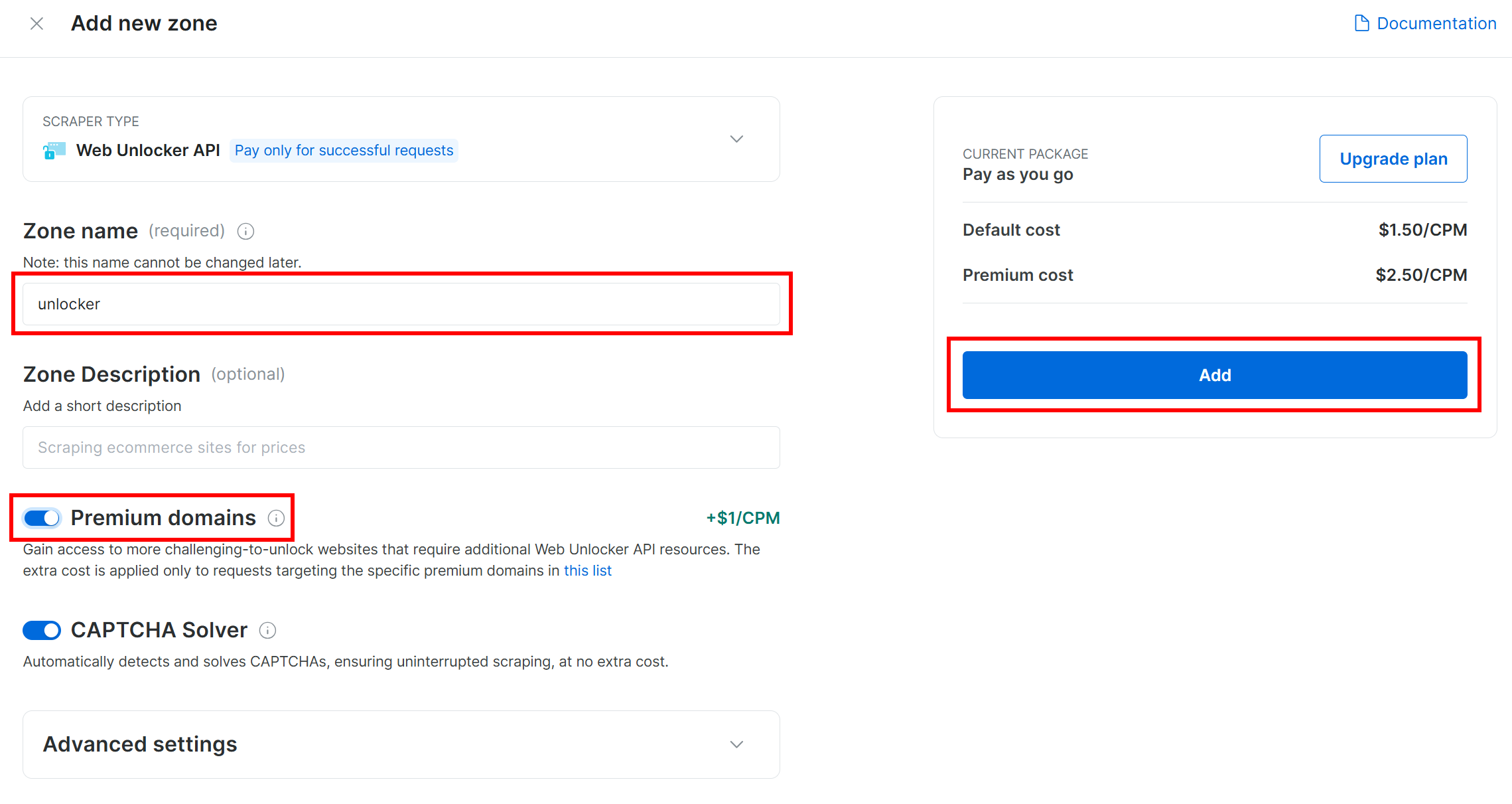Configuration de votre nouvelle zone API Web Unlocker