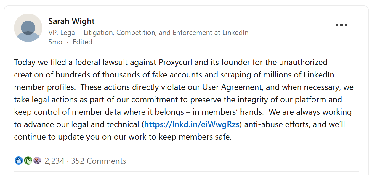 Le post de Sarah Wight sur LinkedIn