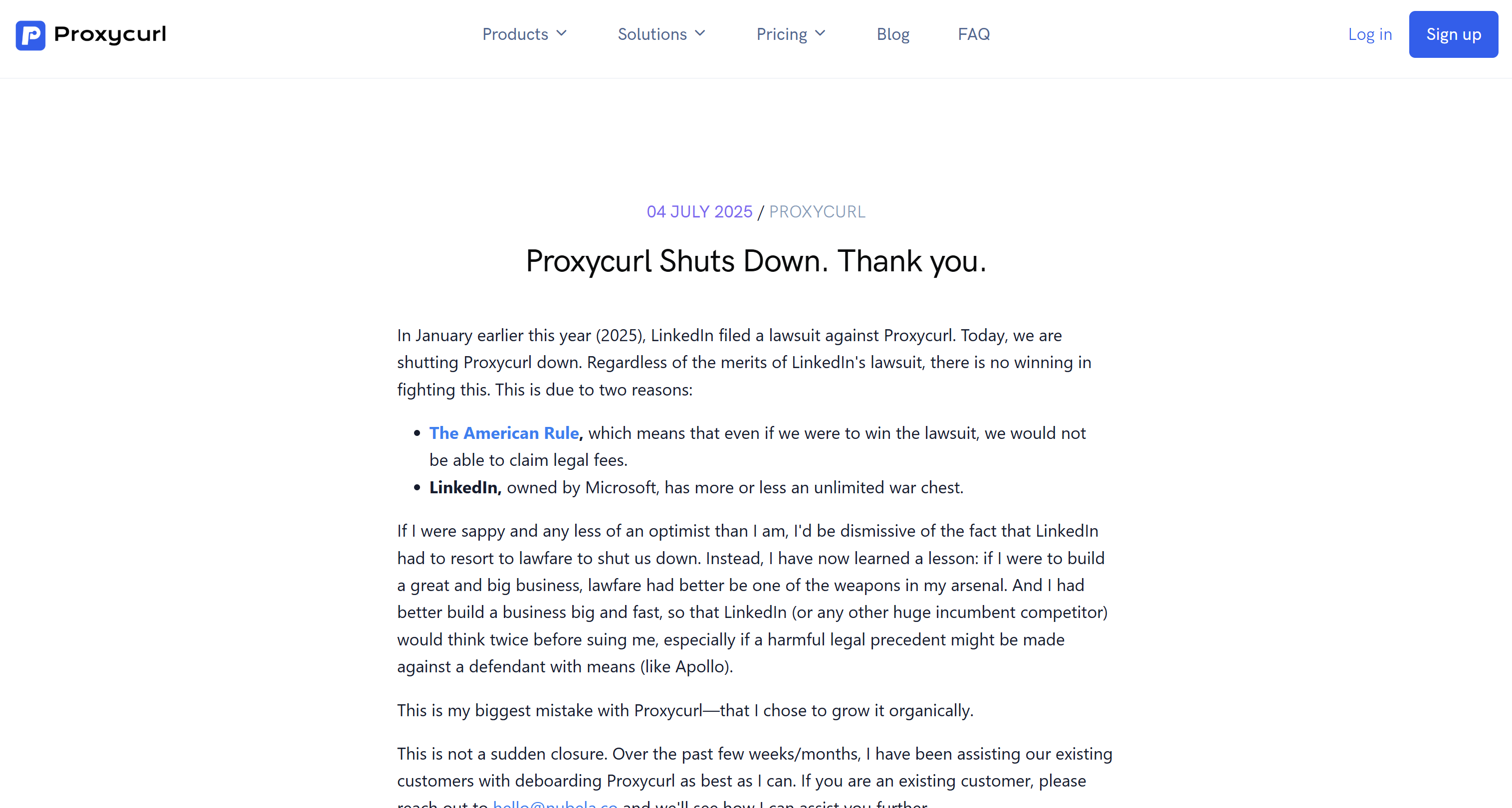 L'annonce de la fermeture de Proxycurl
