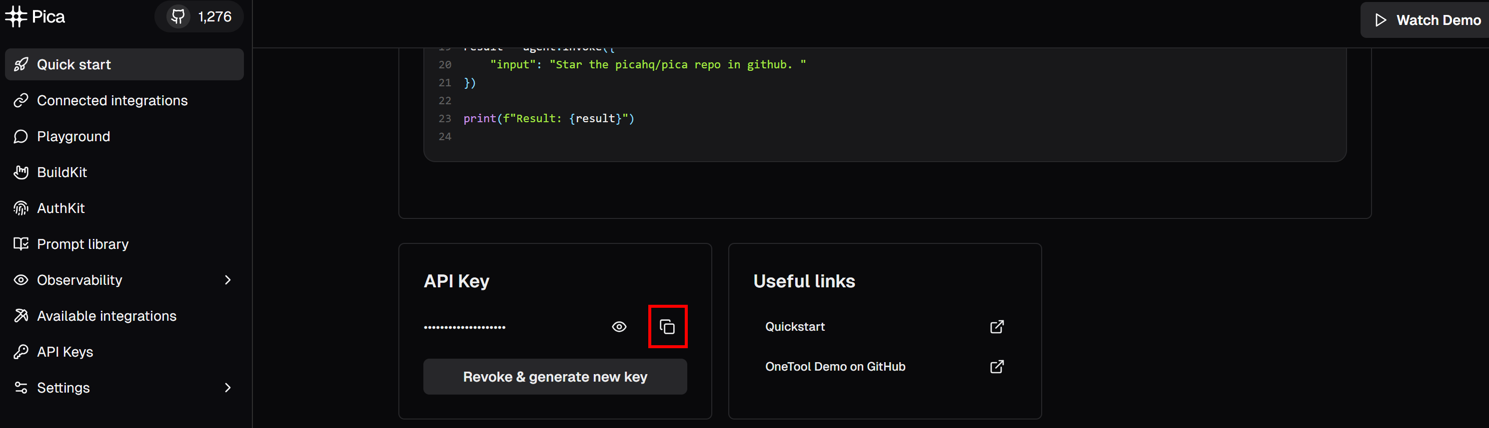 Cliquer sur le bouton "Copy to clipboard" dans la section "API Key".